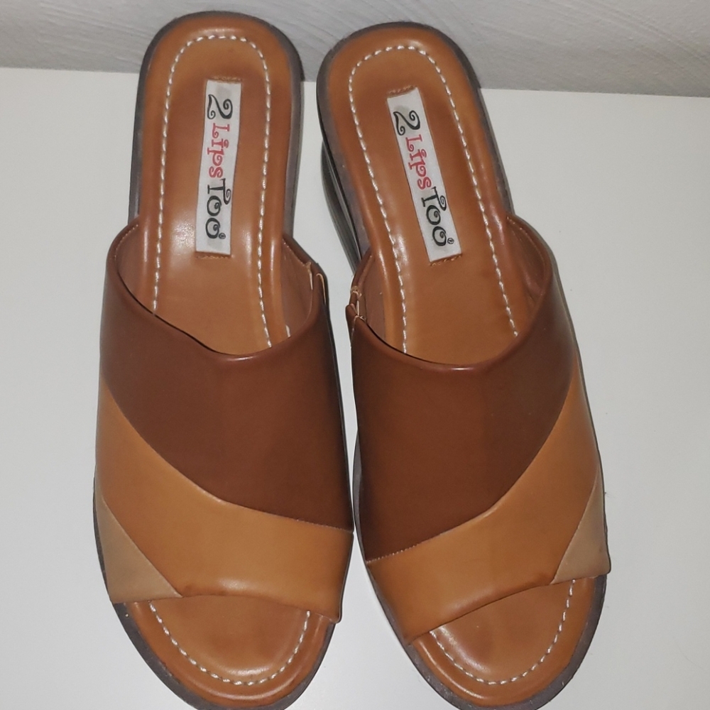 Brown color block wedge sandals